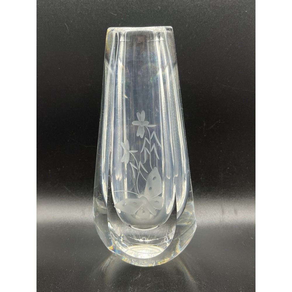 Orrefors Crystal Signed Bud Vase Etched Butterfly & Flowers Design 6" Tall